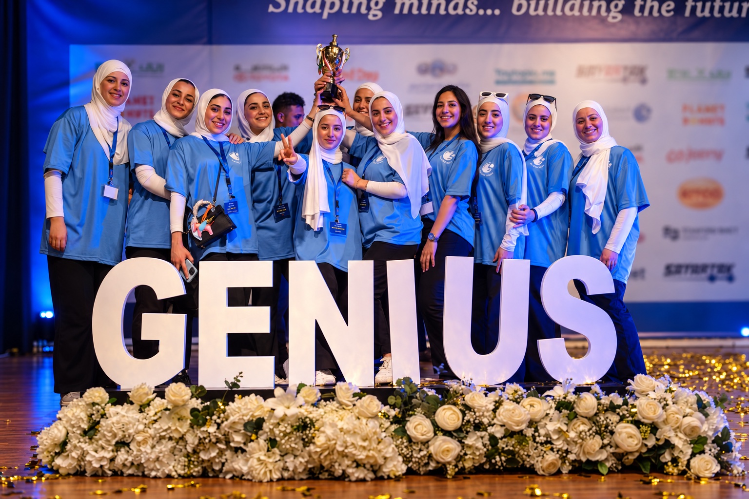 فريق العبقري الصغير يحتفل خلف حروف GENIUS الكبيرة